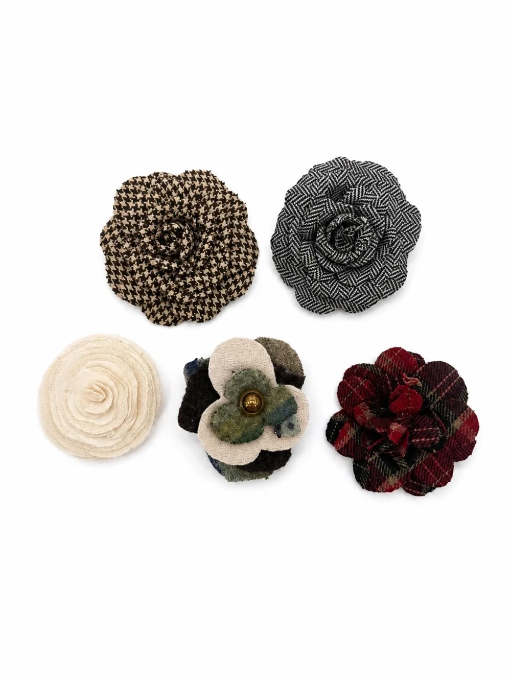Lot of 5 Fabric Flower Brooches Plaid Houndstooth Tweed Pins Handmade Rosettes